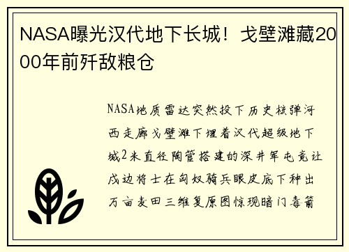 NASA曝光汉代地下长城！戈壁滩藏2000年前歼敌粮仓