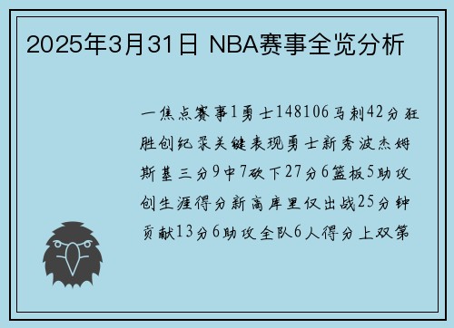2025年3月31日 NBA赛事全览分析