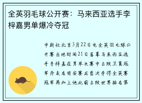 全英羽毛球公开赛：马来西亚选手李梓嘉男单爆冷夺冠