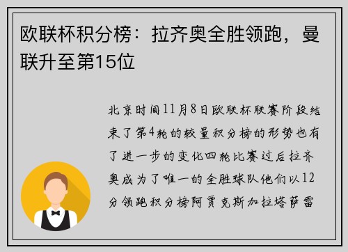 欧联杯积分榜：拉齐奥全胜领跑，曼联升至第15位